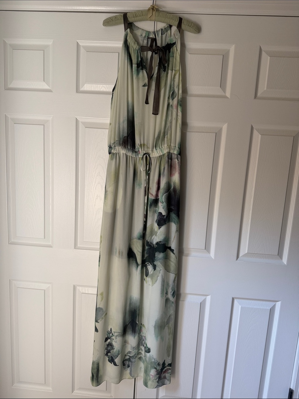 Elie Tahari Sage Watercolor Tie-Neck Maxi Dress